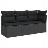 vidaXL Sofa ogrodowa z poduszkami, 3-osobowa, czarna, polirattan