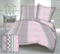 Pościel z kory 160x200 wzór różowo-szara koronka z kokardami