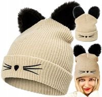 Ciepła Czapka Damska Zimowa Ocieplana Uszy Kot