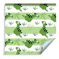 Tapeta Dla Dzieci - Dinozaury na Tle Zielono - Białych Pasków
