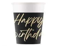 Kubeczki papierowe czarne Happy Birthday, 8 szt.