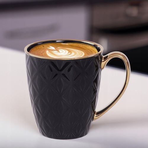 PORCELANOWY KUBEK NA KAWĘ HERBATĘ CZARNY ZDOBIONY ZE ZŁOTYM UCHEM 360ML na Arena.pl