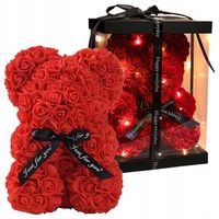 MIŚ Z RÓŻ LED 25 CM ROSE BEAR Z PŁATKÓW RÓŻ KOKARDA PUDEŁKO NA PREZENT