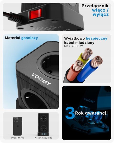 Voomy Stack Power Cube 10 - 2M power socket, 3 USB-A and 1 USB-C 20W Czarny zdjęcie 6