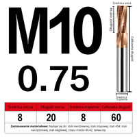 Frez do gwintowania M0.8-M20 - wieloostrzowy Rozmiar: M10x0.75x60L - TiSiN