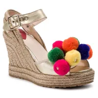 Love Moschino Sandały damskie - Koturny z pomponami - rozmiar 37 - Beżowe