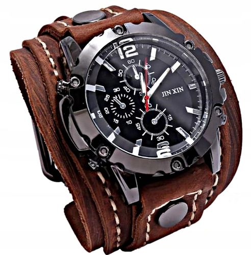 Czarny zegarek męski skórzany szeroki pasek retro casual duża tarcza MD na Arena.pl