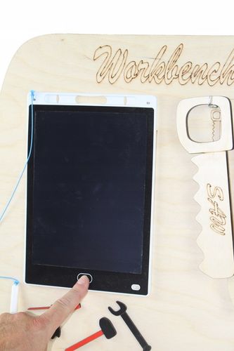 Drewniany warsztat majsterkowicza tablet kłódka imadło schowek piła POLSKI! na Arena.pl