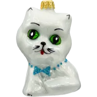 Bombka choinkowa szklana: Słodki kotek z muchą: biały