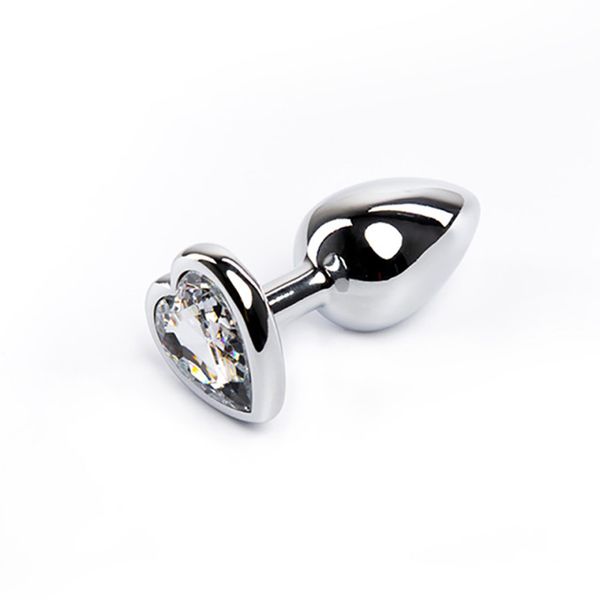 Silver Small Heart-Shaped Butt Plug With White Crystal zdjęcie 1