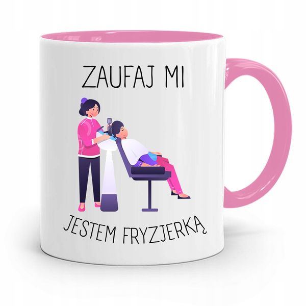 Kubek Różowy Dla Fryzjera Zaufaj Jestem Fryzjerką Z Nadrukiem Ze Zdjęciem zdjęcie 1