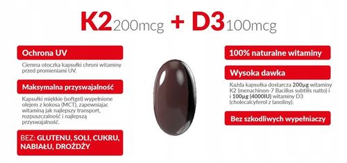 WITAMINA K2 MK-7 200mg+D3 4000IU OLEJU MCT 2 x 60 kapsułek na Arena.pl