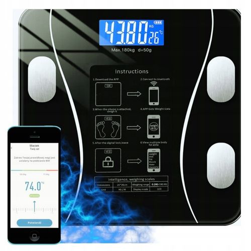 WAGA ŁAZIENKOWA ANALITYCZNA 180KG SMART 25w1 BLUETOOTH APLIKACJA + BATERIE na Arena.pl