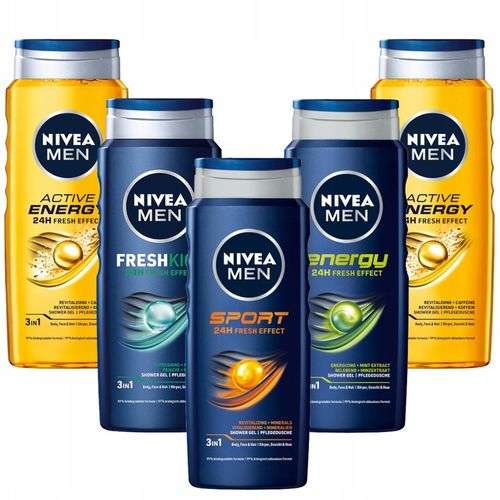 NIVEA MEN 3w1 Żel pod prysznic męski zestaw - Płyn do mycia 500ml x5 na Arena.pl