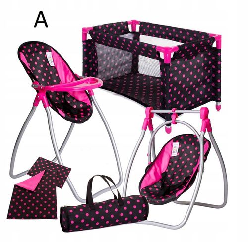 Zestaw dla lalek ŁÓŻECZKO + KRZESEŁKO do karmienia dla laki HUŚTAWKA 2w1 na Arena.pl