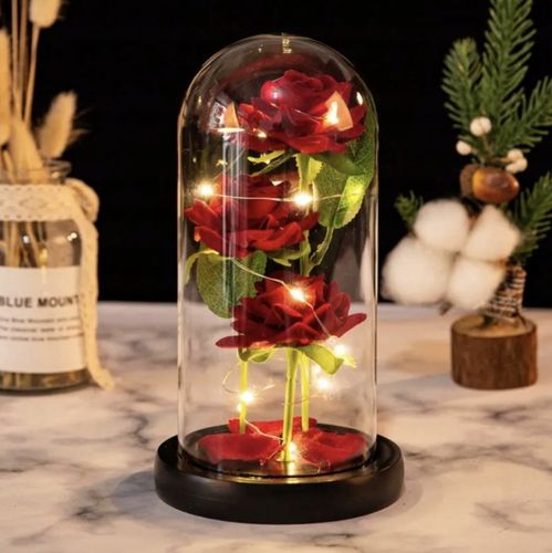 WIECZNA RÓŻA W SZKLE PREZENT NA WALENTYNKI ŚWIECĄCA LED BATERIE + PUDEŁKO na Arena.pl