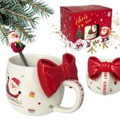 kubek świąteczny z kokardą - zestaw w pudełku z łyżeczką 400 ml kb25cze