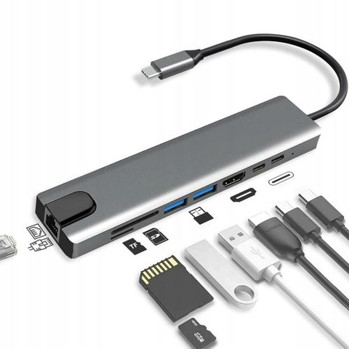 HUB USB C 3.0 8W1 ADAPTER PRZEJŚCIÓWKA PORT HDMI 4K KARTA SD LAN WTYK RJ45 na Arena.pl