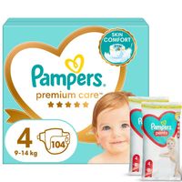 Pampers Premium Care pieluszki pieluchy rozmiar 4, 104 szt, 9-14kg + GRATIS
