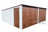 GARAŻ BLASZANY 6m x 6m poziom - spad tył 2x Brama uchylna - ciemny orzech + biały - dodatkowe drzwi BOX95 6x6