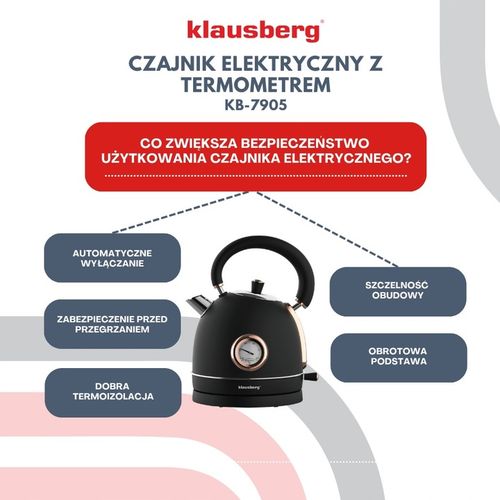 Czajnik elektryczny 1.8L z Termometrem RETRO Klausberg KB-7905 2200W Czarny na Arena.pl