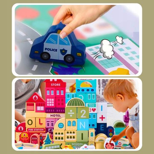 ZESTAW Klocki drewniane Miasto Auta Zestaw Puzzle Mata 115 Klocków EDU na Arena.pl