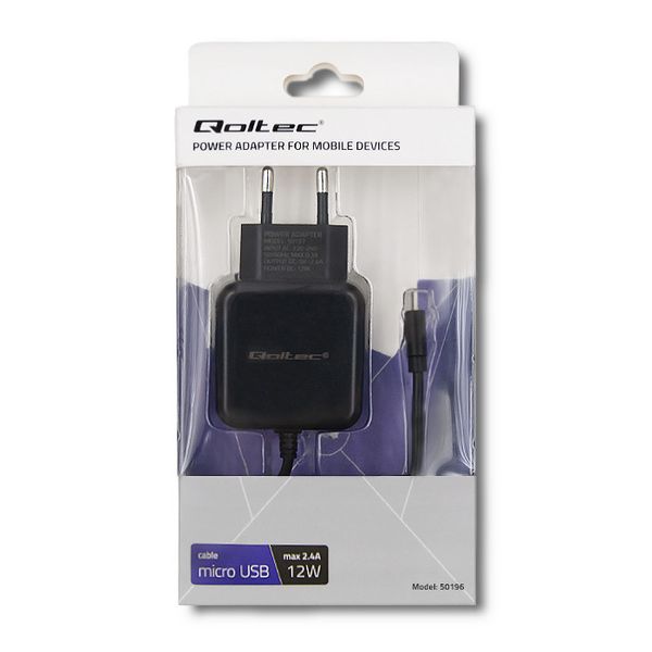 Qoltec Ładowarka sieciowa 5V | 2.4A | 12W | MicroUSB | Czarna zdjęcie 2