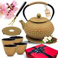 zaparzacz żeliwny dzbanek jasny złoty 900ml z filtrem i filiżankami