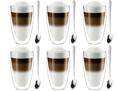 Filiżanki Termiczne z Podwójną Ścianką Kawa Latte z Łyżeczkami 6 sztuk
