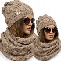 MODNY KOMPLET damski CZAPKA + KOMIN ciepły zimowy z wełną czekoladowy