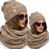 MODNY KOMPLET damski CZAPKA + KOMIN ciepły zimowy z wełną czekoladowy