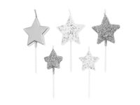 Świeczki urodzinowe Gwiazdki, srebrne, 5 szt.