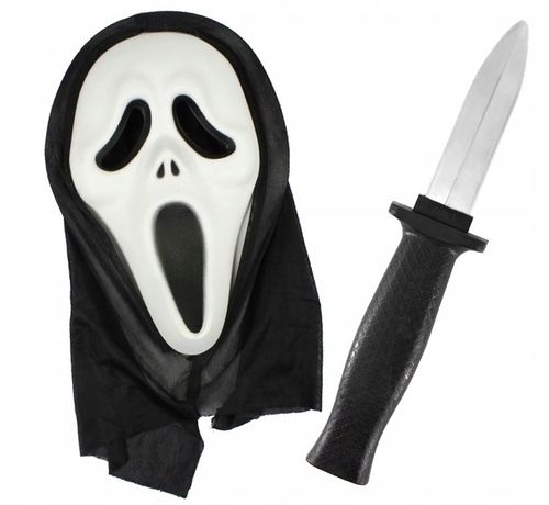 Maska Krzyk na Halloween fałszywy nóż z chowanym ostrzem sztuczna krew na Arena.pl
