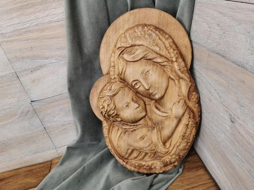 Płaskorzeźba drewniana obraz prezent na komunie chrzest Maryja obraz 80 cm na Arena.pl
