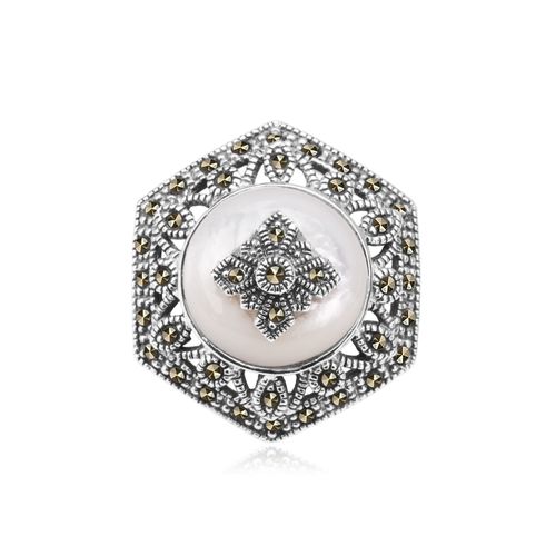 srebrna broszka / wisiorek z masą perłową i markazytami na Arena.pl