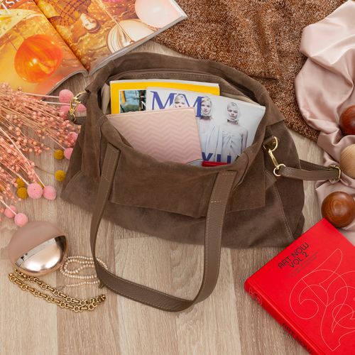 VERA PELLE torebka damska zamszowa shopper z paskiem na ramię V676 taupe na Arena.pl