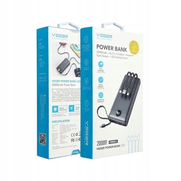 POWERBANK VEGER C20 BATERIA 20000mAh USB-C micro Lightning +wbudowany kabel zdjęcie 16