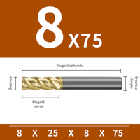 Frez Trzpieniowy 4-Ostrzowy VHM w Powłoce ZRN, Rozmiar: Ø8x25x8Dx75L