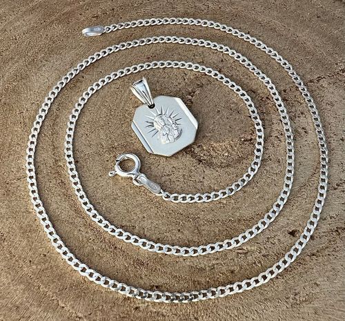 Medalik Matka Boska i srebrny łańcuszek pancerka 40 cm 925 Komunijny grawer na Arena.pl