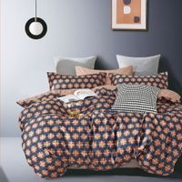 Pościel satynowa 160x200 granat pomarańczowa beż geometryczny wzorek