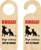 ZAWIESZKA NA DRZWI klamkę UWAGA ZWIERZĘ W POKOJU drewniana NADRUK