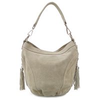 VERA PELLE torebka zamszowa worek z frędzelkami i paskiem V322 beżowa