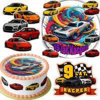 ZESTAW OPŁATEK NA TORT 20CM + 16 POSTACI - AUTA WYŚCIGOWE + IMIĘ 15CM 18CM