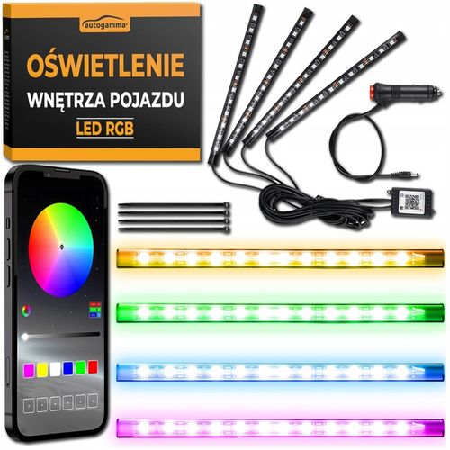 Oświetlenie LED RGB Wnętrza Pojazdu Auta Kabiny Tuning Zestaw Aplikacja na Arena.pl