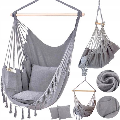 KRZESŁO BRAZYLIJSKIE FOTEL WISZĄCY HAMAK HUŚTAWKA JASNY SZARY Z PODUSZKAMI na Arena.pl