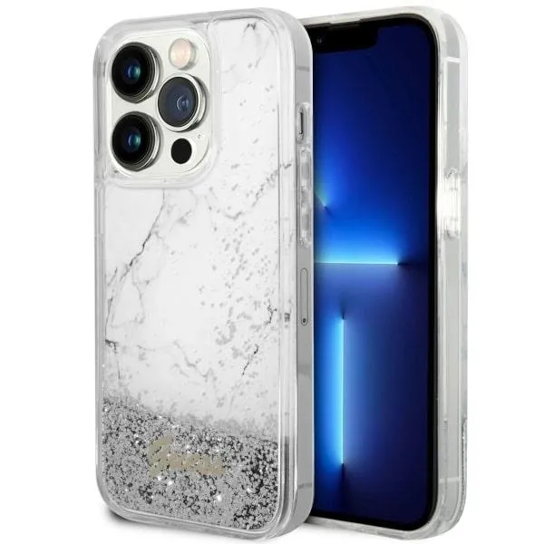 Etui Guess Liquid Glitter Marble na iPhone 14 Pro - białe zdjęcie 1