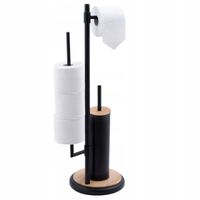 Stojak z uchwytem na papier toaletowy czarny i szczotka do WC bambus zestaw