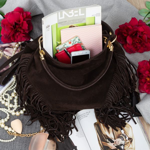 VERA PELLE torebka zamszowa worek z frędzlami i paskiem V571 c.brązowa zdjęcie 3