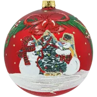 Bombka okrągła czerwona: Bałwanki przy choince