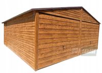 GARAŻ BLASZANY 6m x 6m poziom - dwuspad 2x Brama + dodatkowe drzwi - drewnopodobny BOX98 6x6